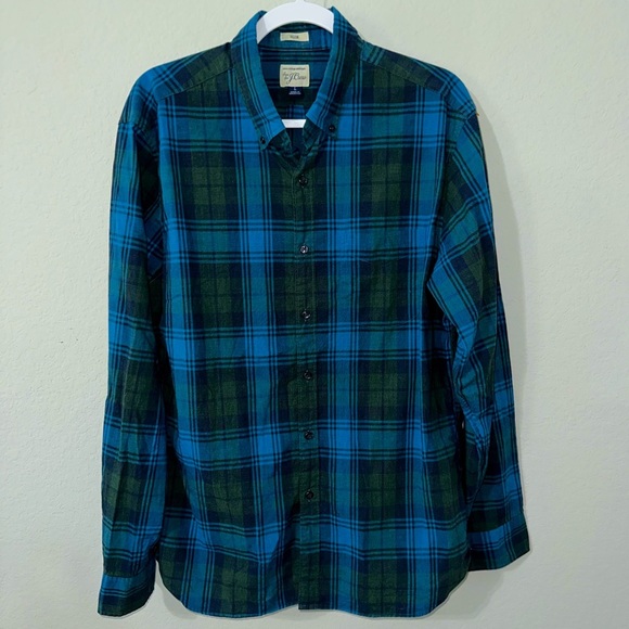 J.Crew Plaid Cotton Large‎ Blue Green Button Up - Picture 1 of 7